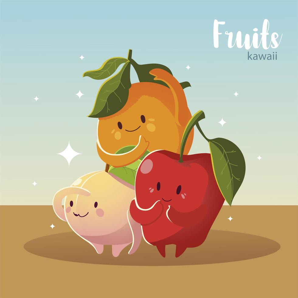 frutta kawaii viso felicità mela pesca e arancia vettore