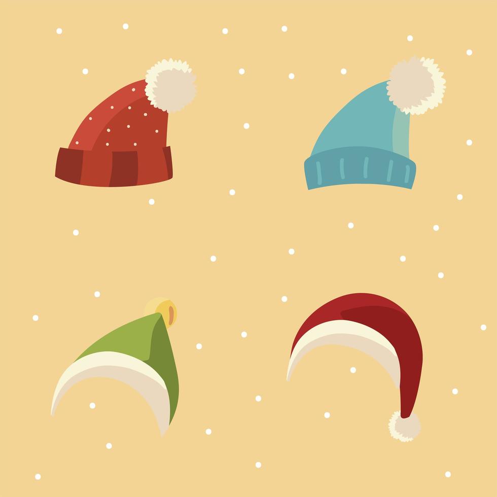 buon natale set di icone di cappelli invernali cartone animato vettore