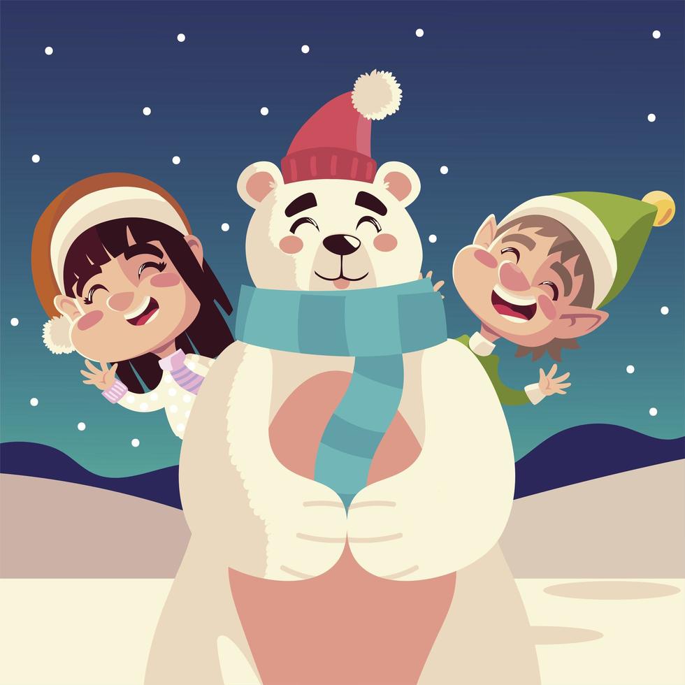buon natale carino ragazza e ragazzo con orso polare nella neve vettore