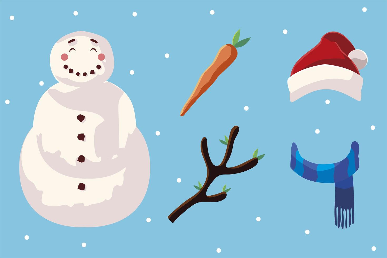 buon natale pupazzo di neve con set di icone disegno vettoriale