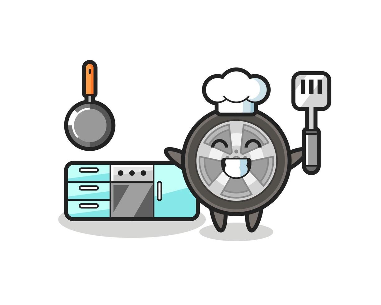 illustrazione del personaggio della ruota dell'auto mentre uno chef sta cucinando vettore