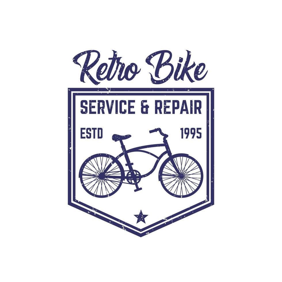 servizio e riparazione bici retrò, logo vintage, emblema con vecchia bicicletta vettore