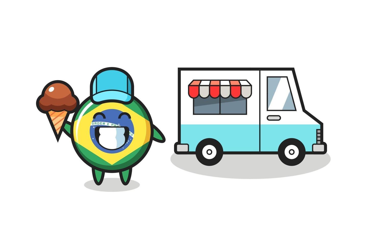 mascotte cartone animato del badge bandiera brasile con camion dei gelati vettore