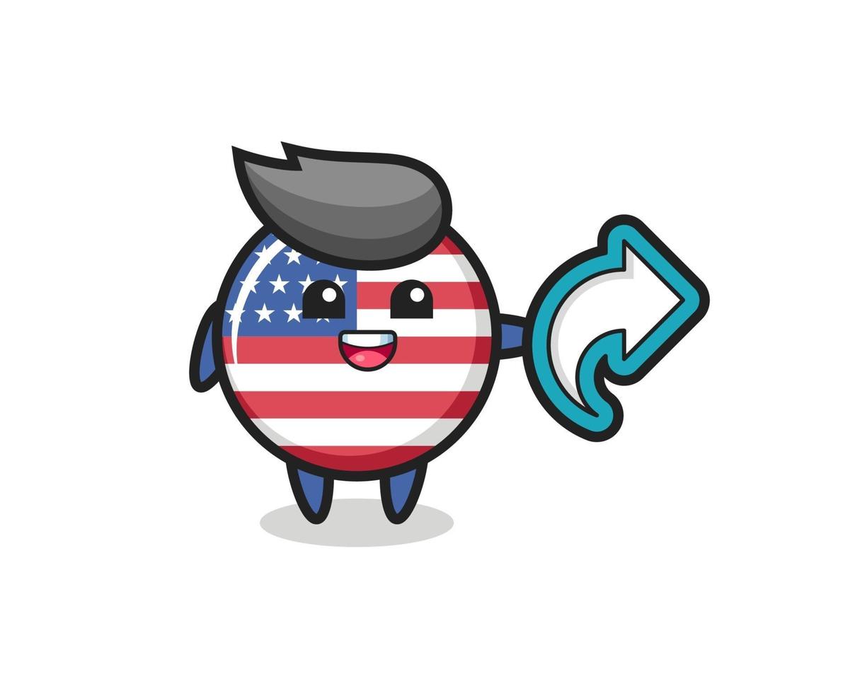 il simpatico distintivo della bandiera degli Stati Uniti tiene il simbolo della condivisione dei social media vettore