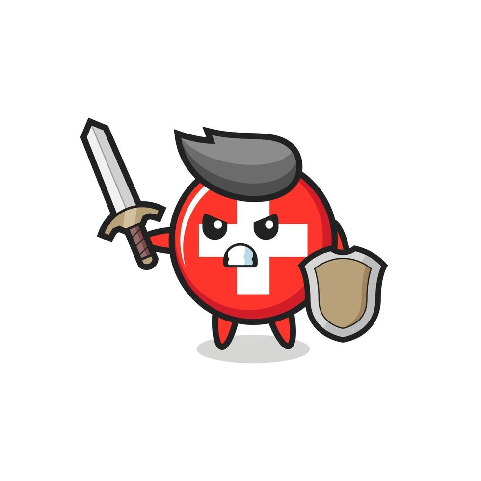 carino bandiera svizzera distintivo soldato che combatte con spada e scudo vettore