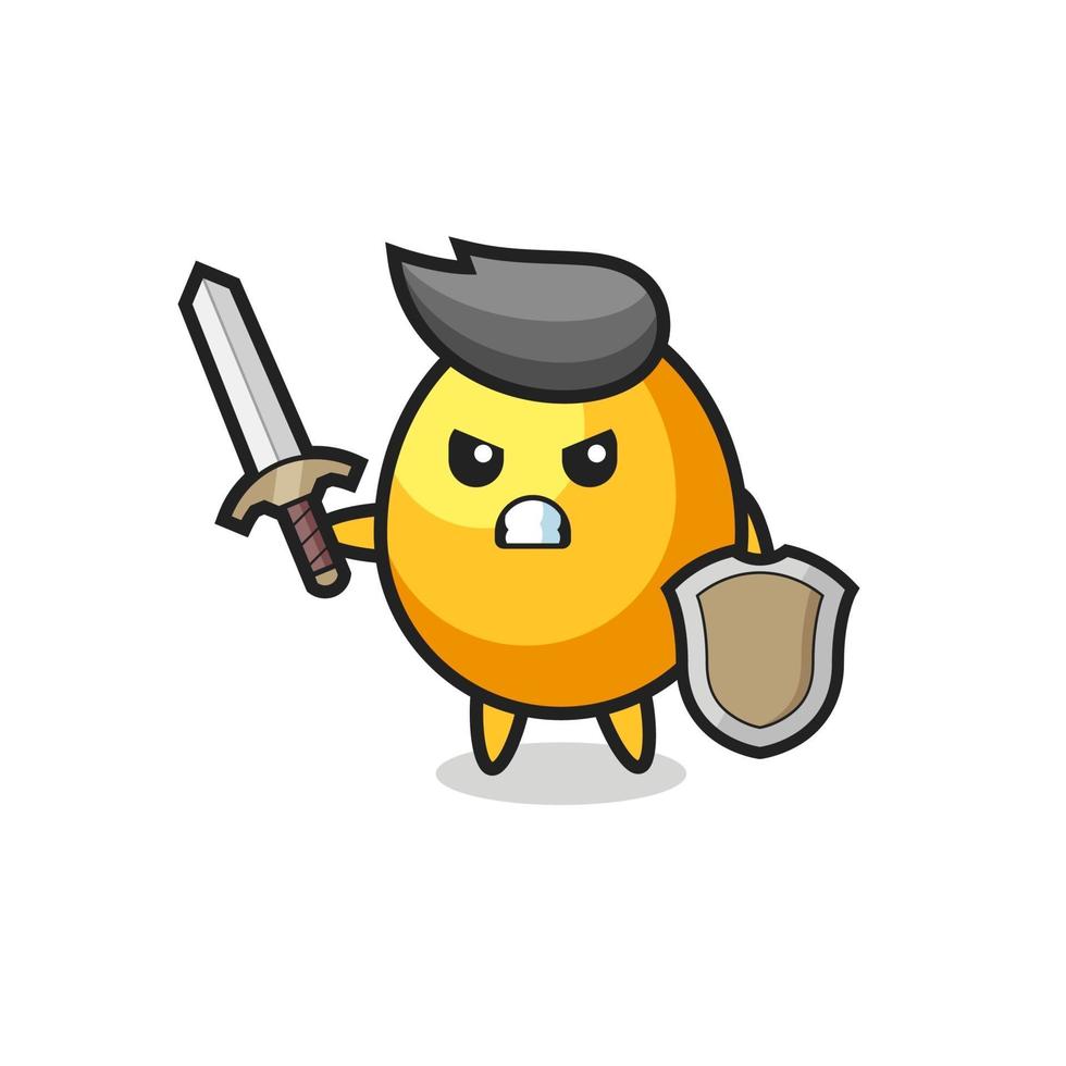 simpatico soldato uovo d'oro che combatte con spada e scudo vettore