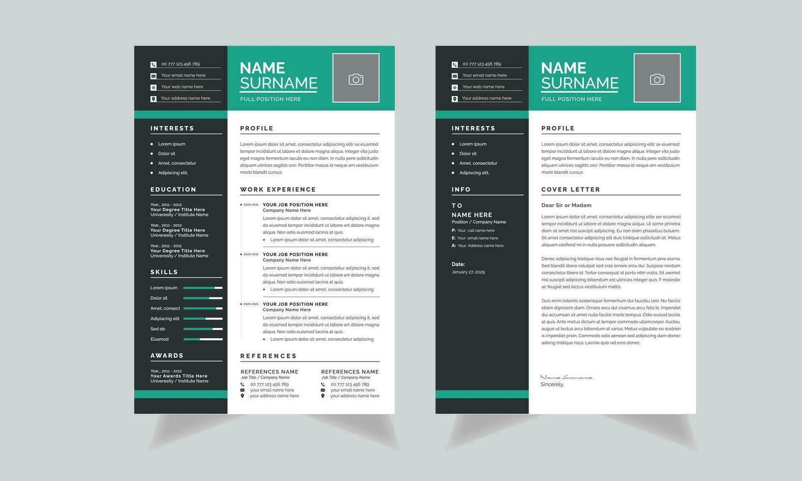 nero sidebar disposizione con curriculum vitae con creativo copertina lettera vettore