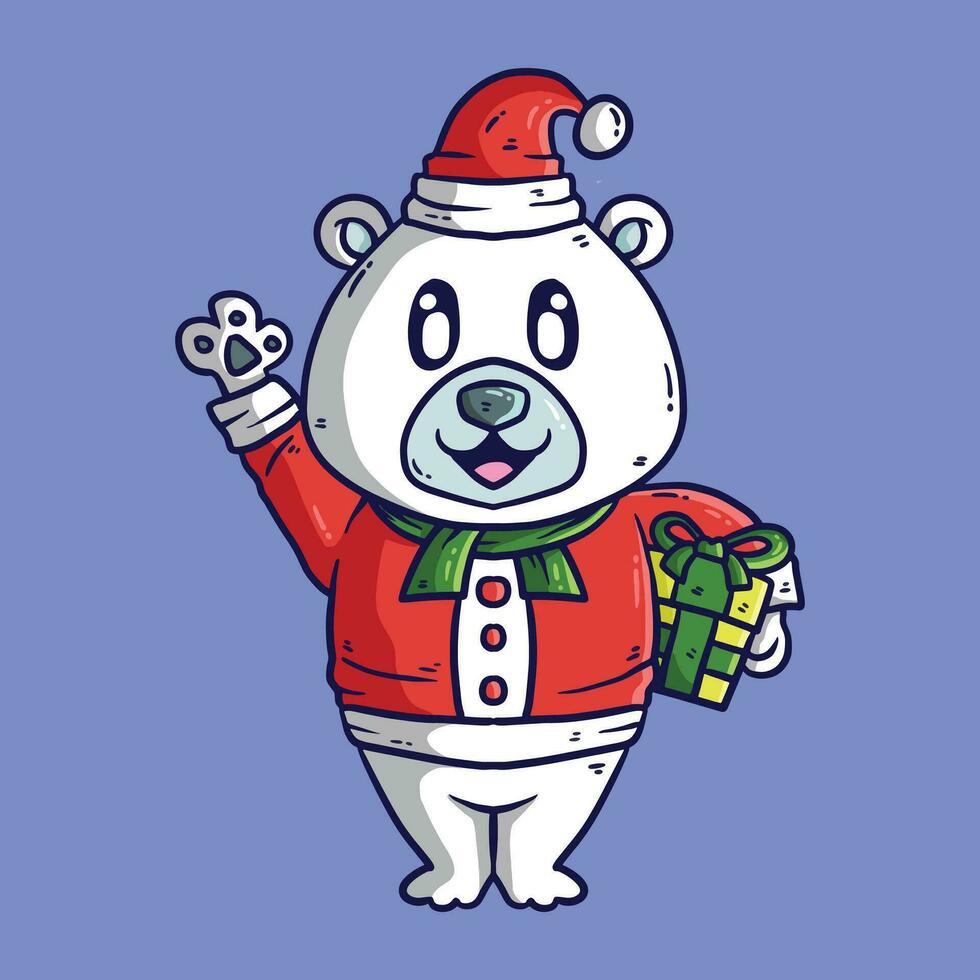 adorabile polare orso nel Natale Santa costume Tenere Natale regalo cartone animato illustrazione. cartone animato vettore illustrazione.