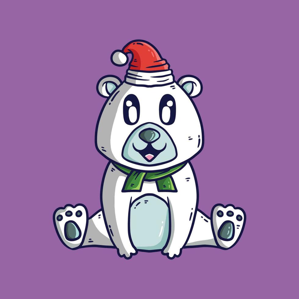 adorabile polare orso nel rosso cappello, sciarpa seduta cartone animato vettore illustrazione. divertente cartone animato illustrazione per Natale.