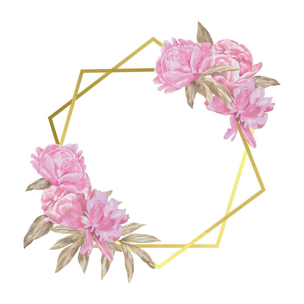 oro telaio con pastello rosa peonie. vettore illustrazione nel acquerello stile. saluto carte, nozze inviti, copertine, neonato bambino doccia.