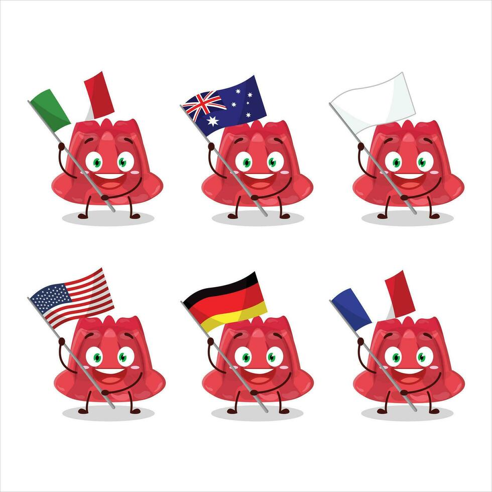 rosso budino cartone animato personaggio portare il bandiere di vario paesi vettore