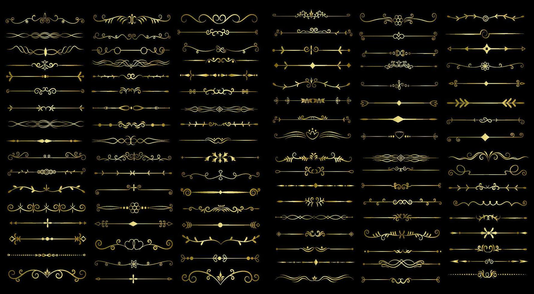 d'oro colore pagina divisore e design elementi. impostato di vario semplice nero divisore disegno, assortito divisore collezione modello vettore. collezione di floreale divisori elementi mega decorazione vettore