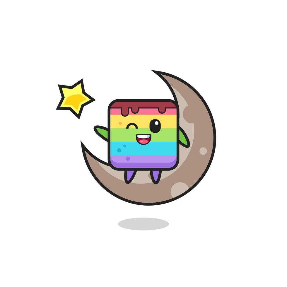 illustrazione del fumetto della torta arcobaleno seduto sulla mezza luna vettore