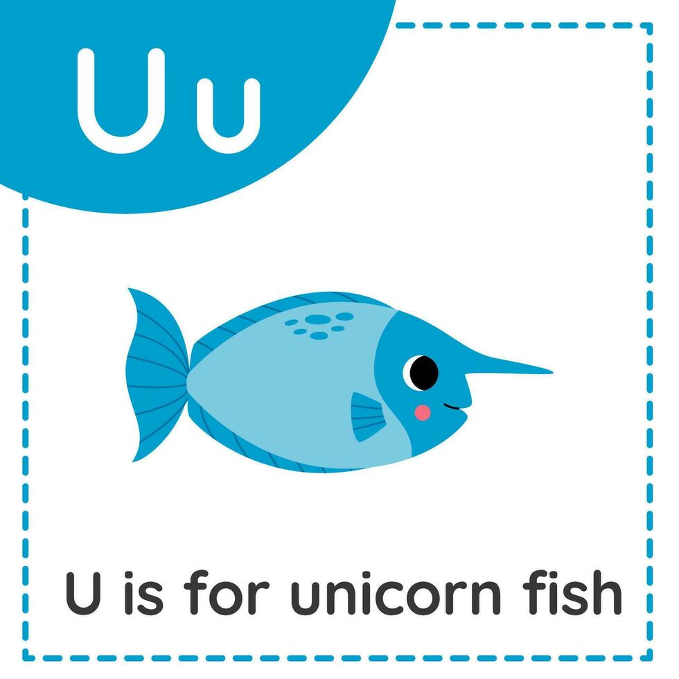 apprendimento inglese alfabeto per bambini. lettera tu. carino cartone animato unicorno pesce. vettore