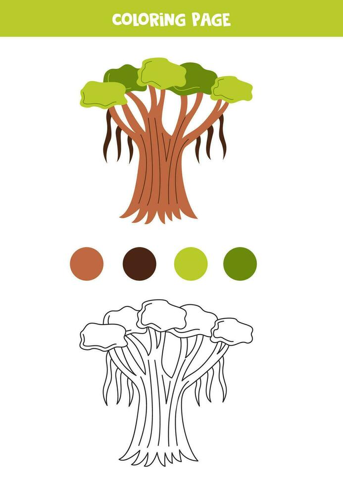 colore carino cartone animato banyan albero. foglio di lavoro per bambini. vettore