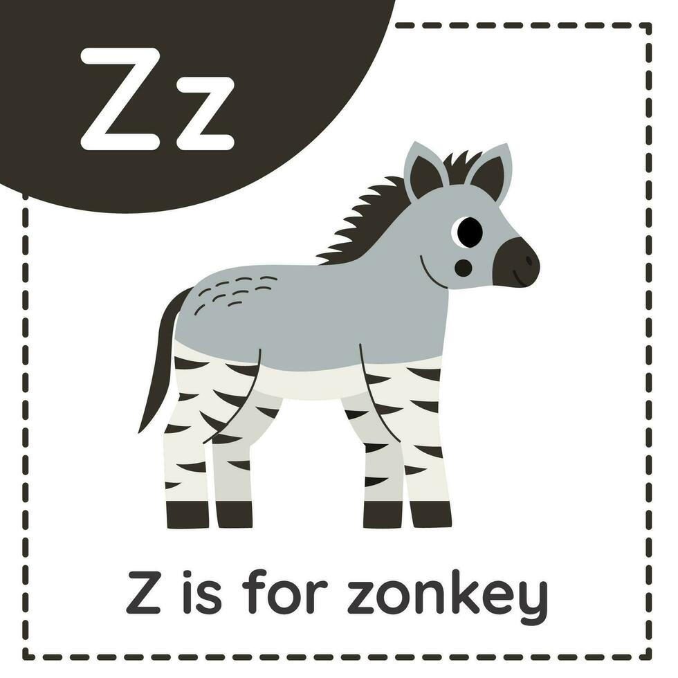 apprendimento inglese alfabeto per bambini. lettera z. carino cartone animato zonkey. vettore