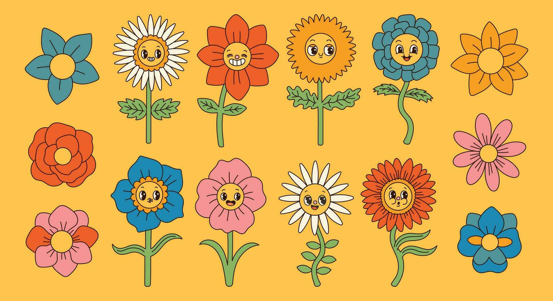 Groovy fiori impostare. retrò 70s sorridente viso fiori grafico elementi isolato collezione. hippy, pace, fiore energia semplice lineare stile Groovy decorativo vettore illustrazione. retrò Vintage ▾ fiori.