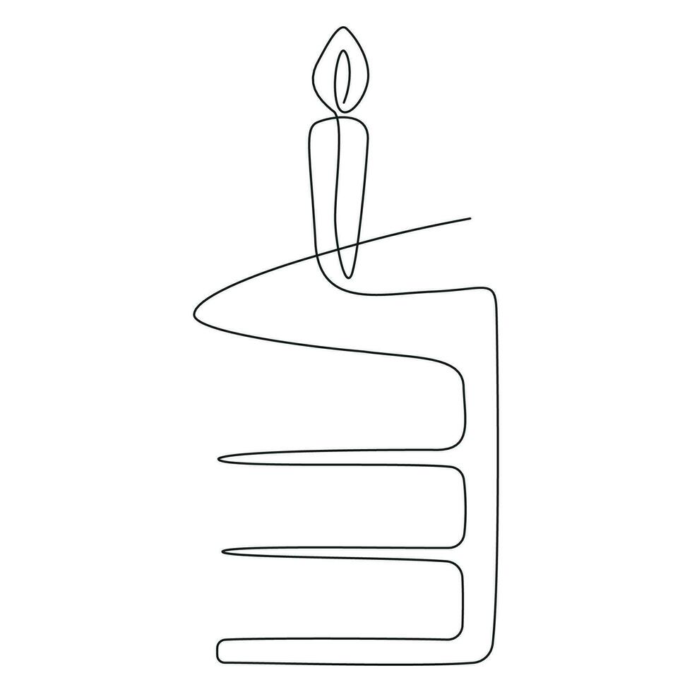 continuo uno linea disegno di compleanno torta con candela. semplice linea arte pezzo di torta. lineare contorno di un' Pasticcino. modificabile ictus. mano disegnato vettore illustrazione