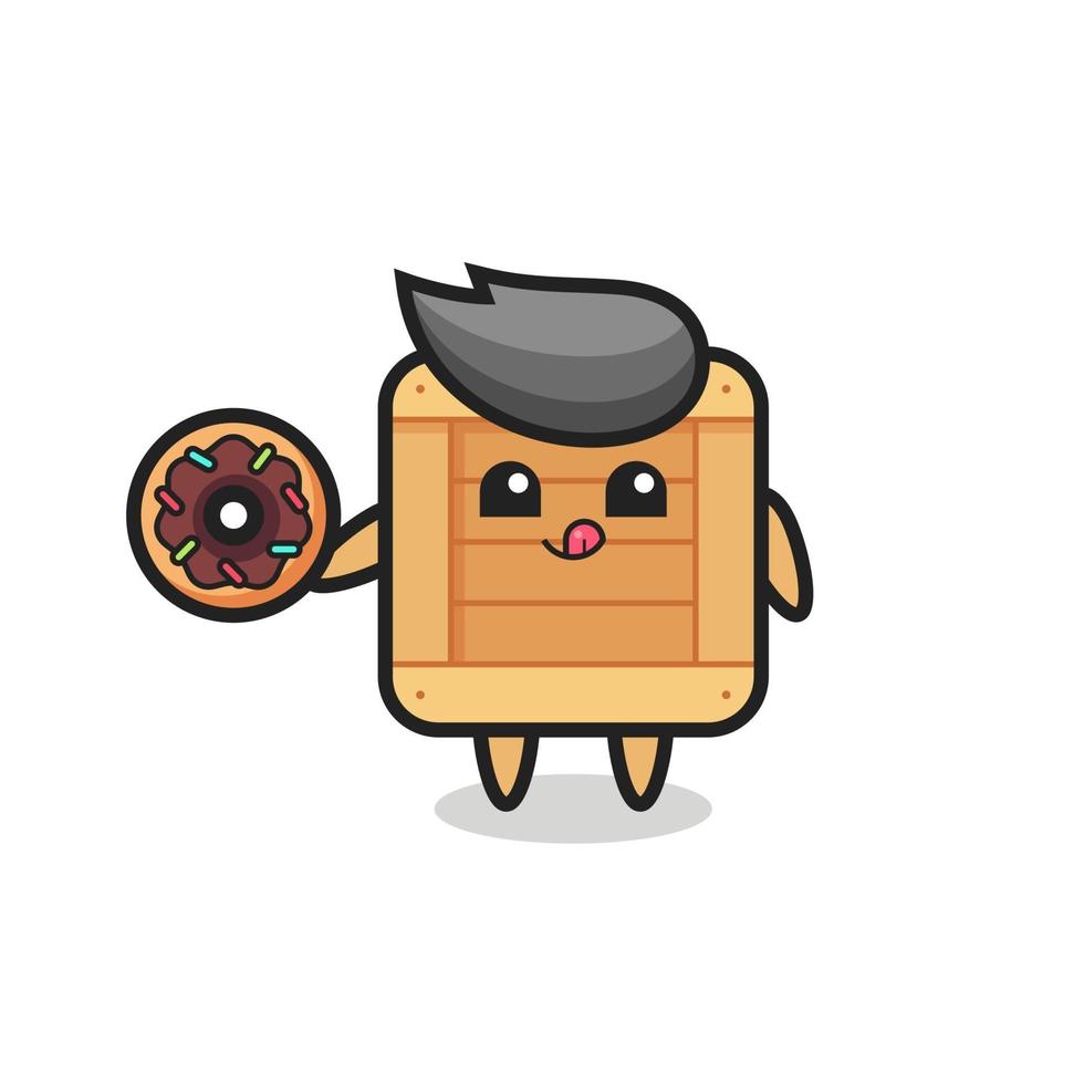illustrazione di un personaggio di una scatola di legno che mangia una ciambella vettore