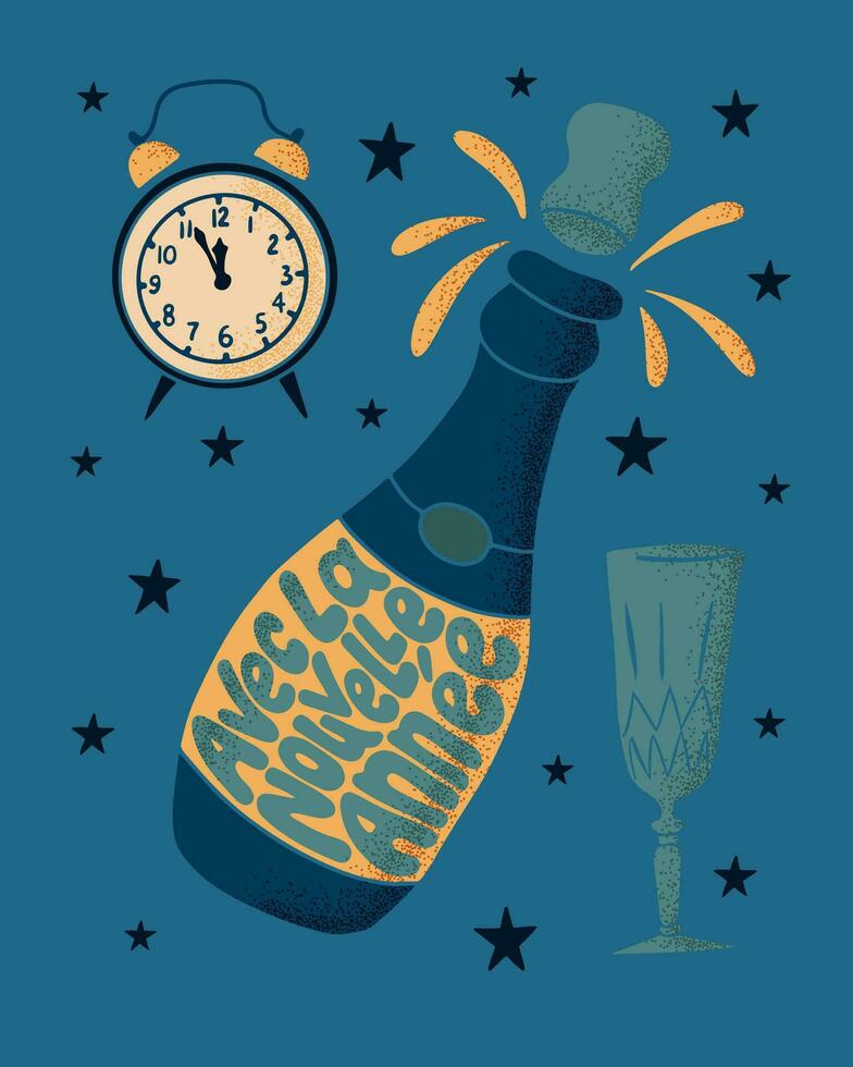 nuovo anno Groovy saluto carta. piatto mano disegnato lettering contento nuovo anno nel francese linguaggio nel un' forma di Champagne bottiglia. di moda composizione nel retrò stile per manifesti, camicia Stampa vettore