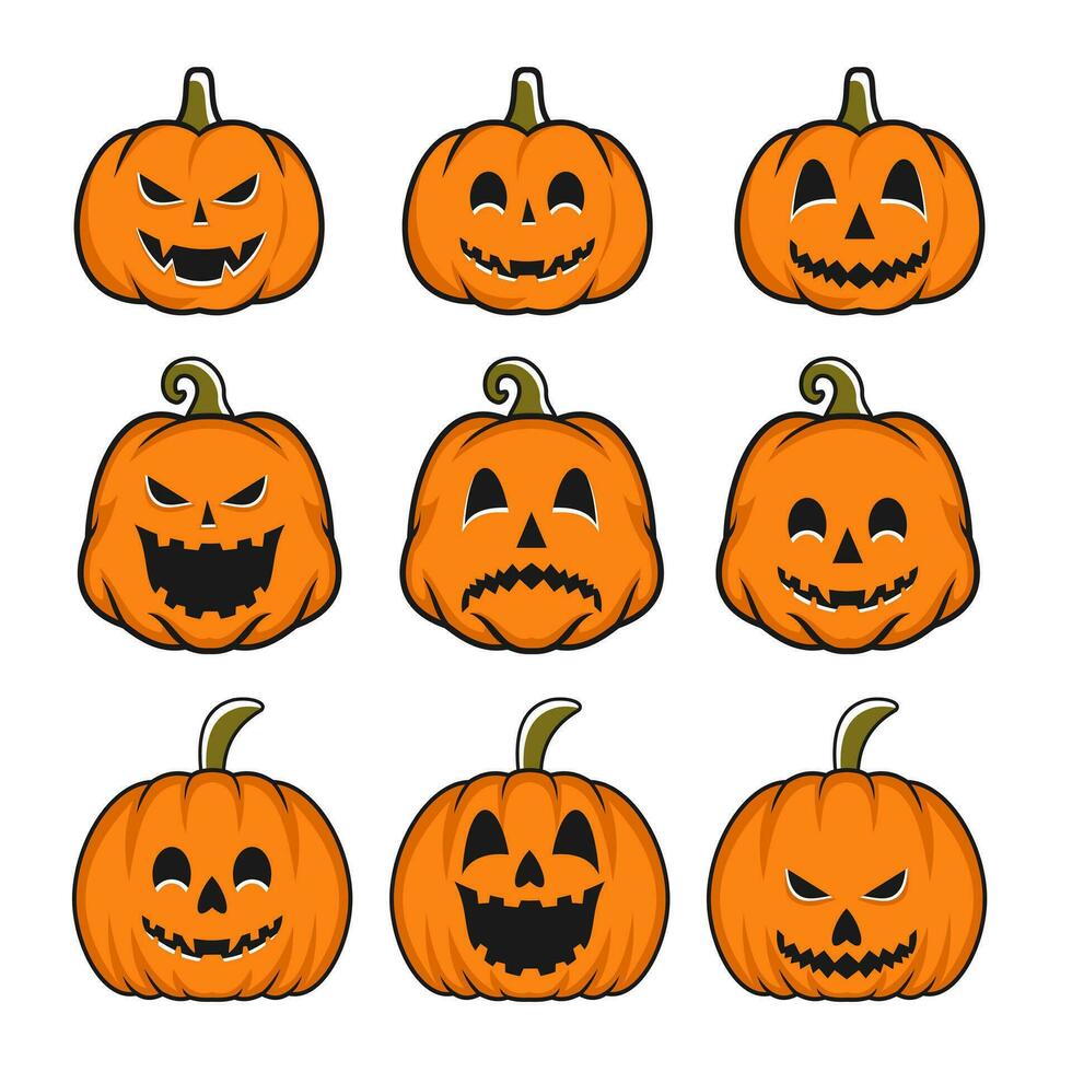 impostato zucca su bianca sfondo. arancia zucca con Sorridi per il tuo design per il vacanza Halloween. vettore illustrazione.