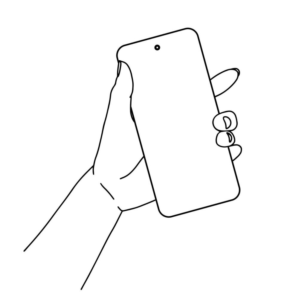 lineare sinistra mano Tenere Telefono, smartphone. nero e bianca linea icona con mobile Telefono nel mano vettore