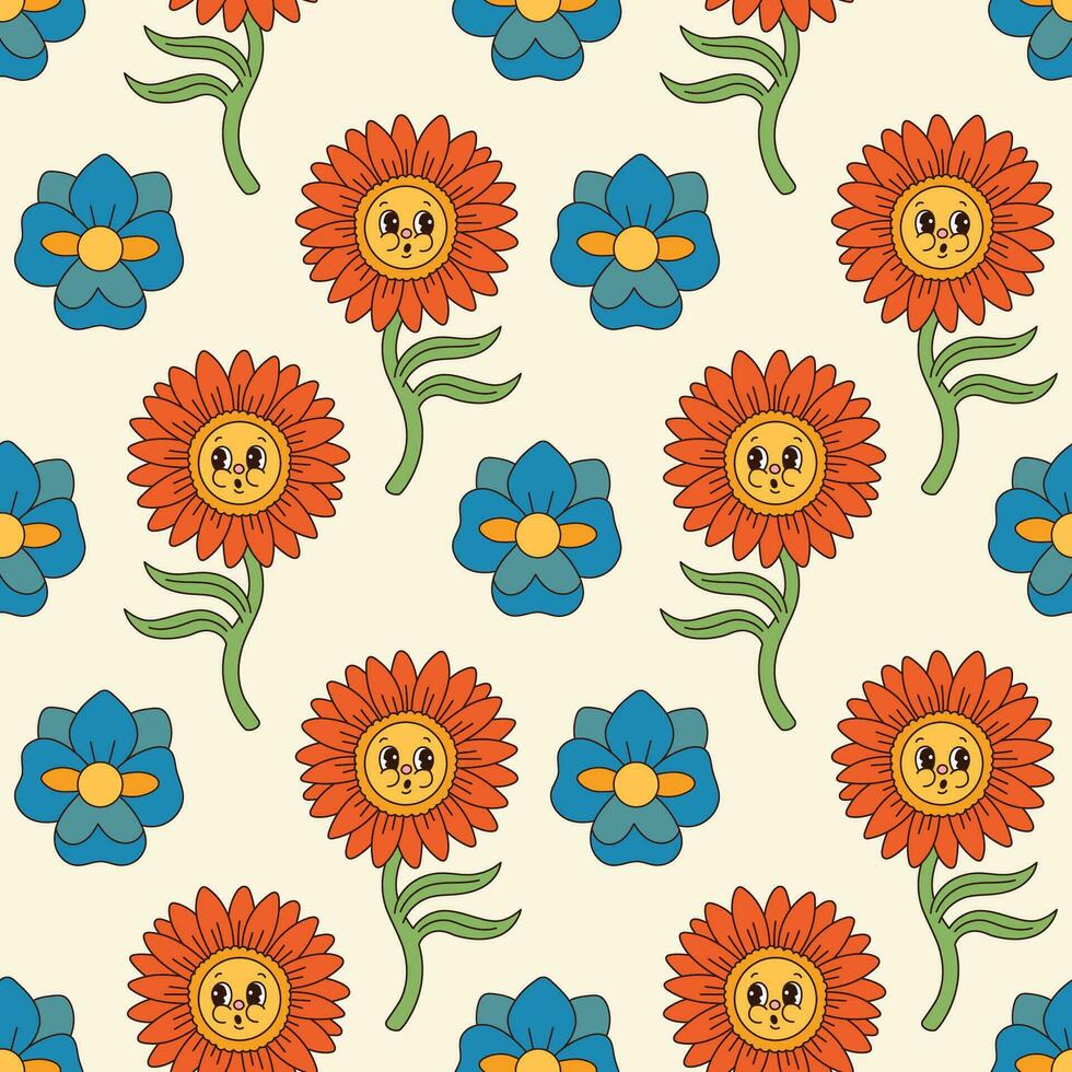 Groovy fiori senza soluzione di continuità modello. retrò 70s sorridente viso fiori grafico elementi isolato. hippy, pace, fiore energia semplice lineare stile Groovy decorativo vettore illustrazione. retrò Vintage ▾ fiori.