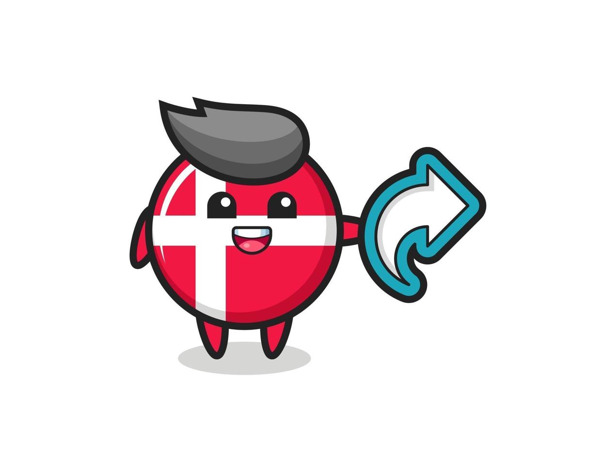 il simpatico distintivo della bandiera della Danimarca tiene il simbolo della condivisione dei social media vettore
