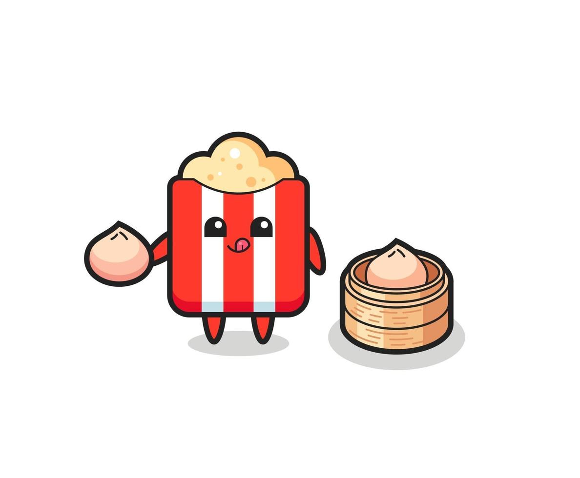 simpatico personaggio di popcorn che mangia panini al vapore vettore