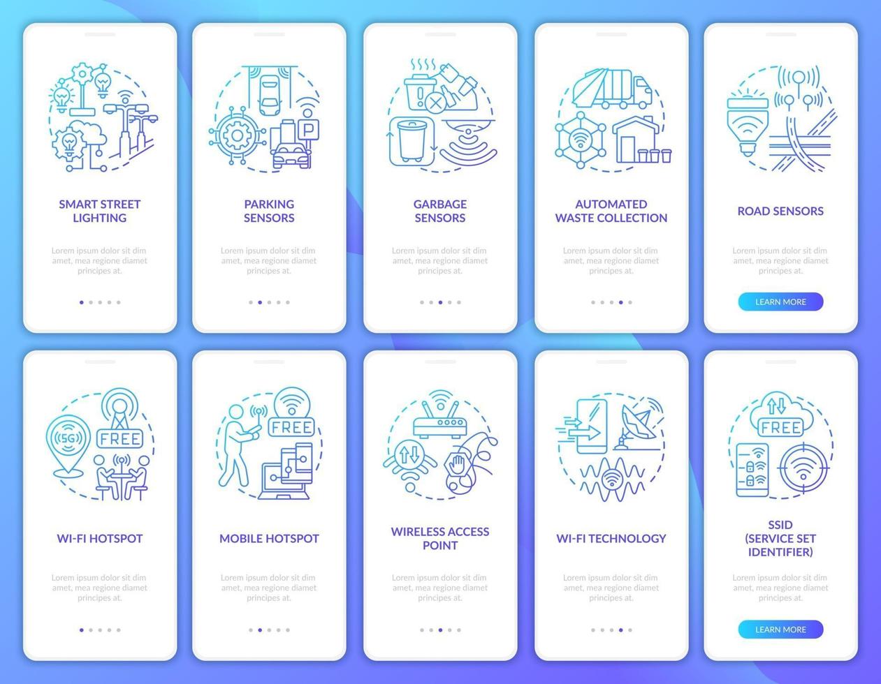 schermata della pagina dell'app mobile onboarding di smart city blu sfumato vettore
