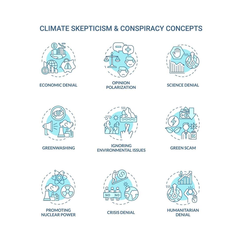 set di icone blu concetto di scetticismo climatico e cospirazione vettore