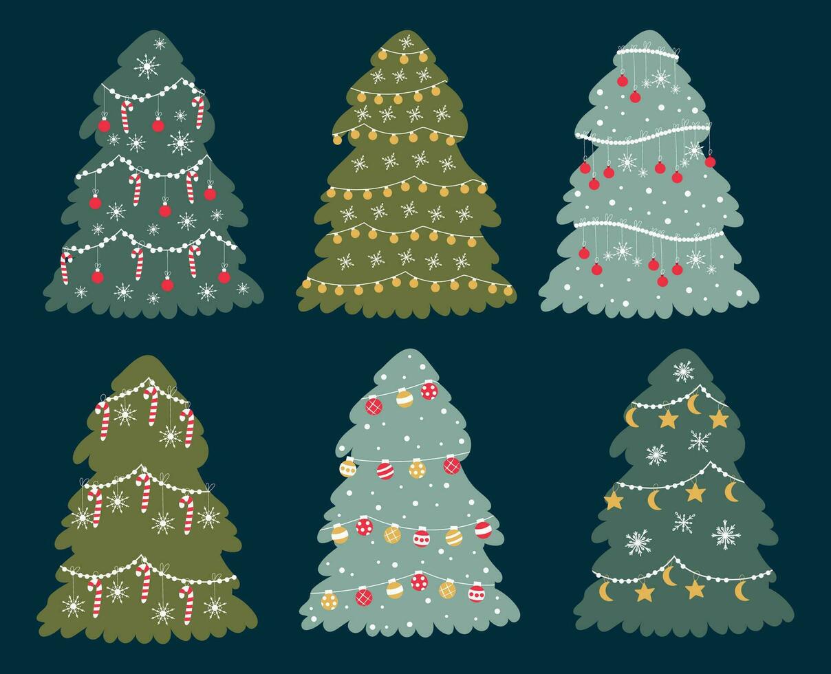 impostato di mano disegnato Natale alberi decorato con Natale giocattoli, luci, caramella canne e fiocchi di neve. vettore