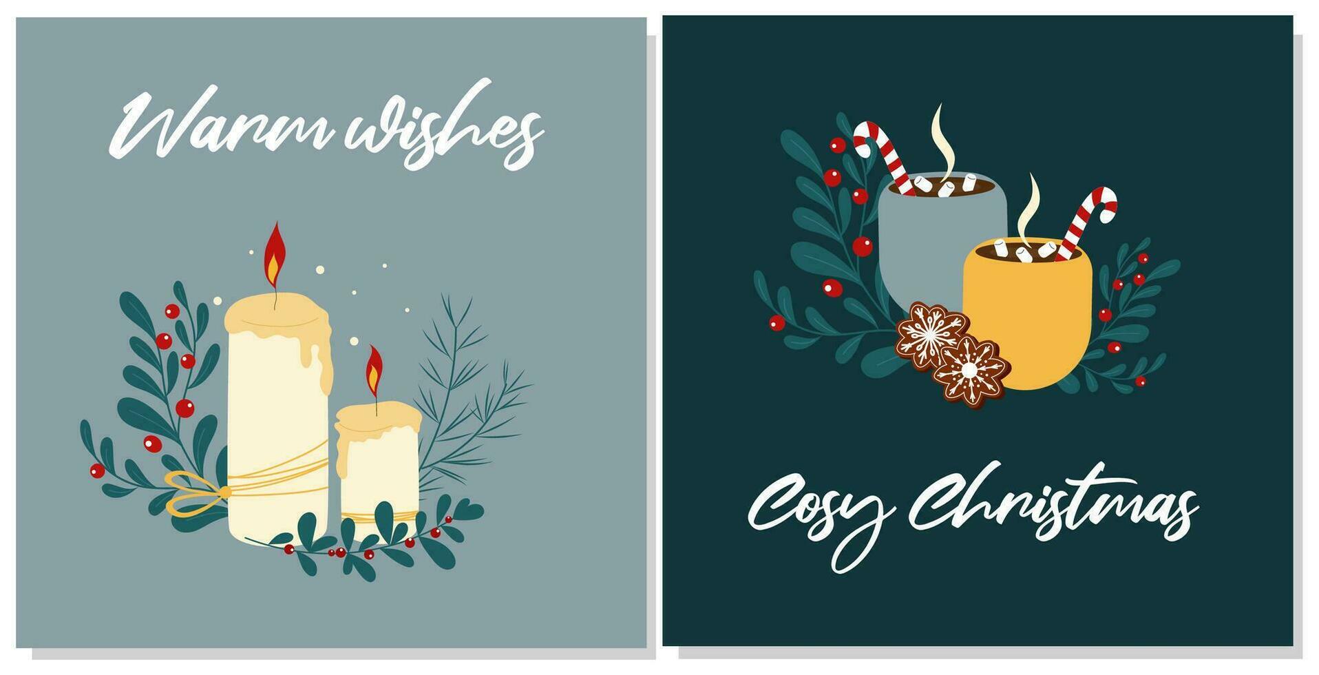 Due Natale carte con accogliente candele, caldo cacao tazze e Pan di zenzero fiocchi di neve. elegante mano disegnato vettore design.