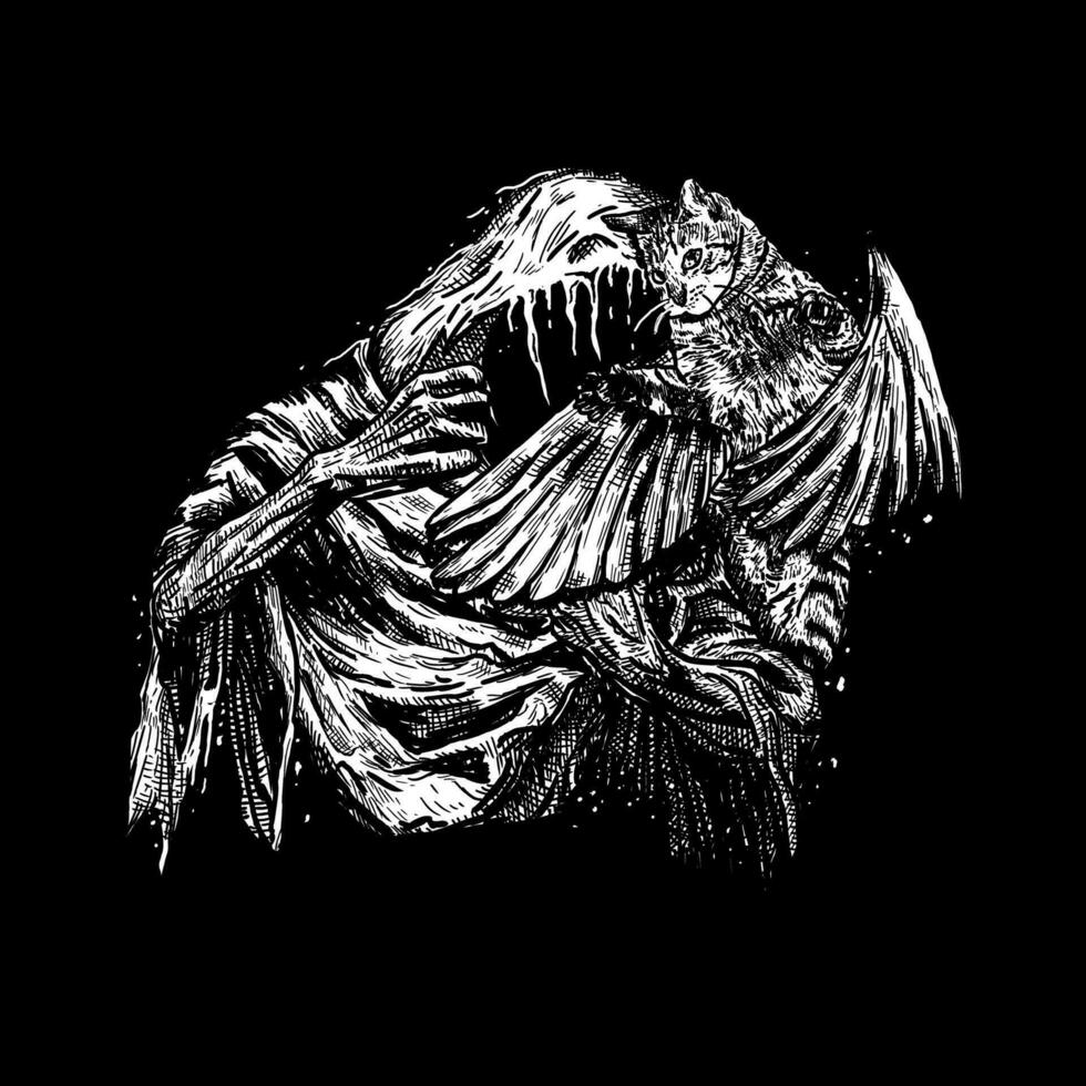 mano disegnato truce mietitrice e gatto Morte metallo illustrazione. angelo di Morte orrore arte vettore