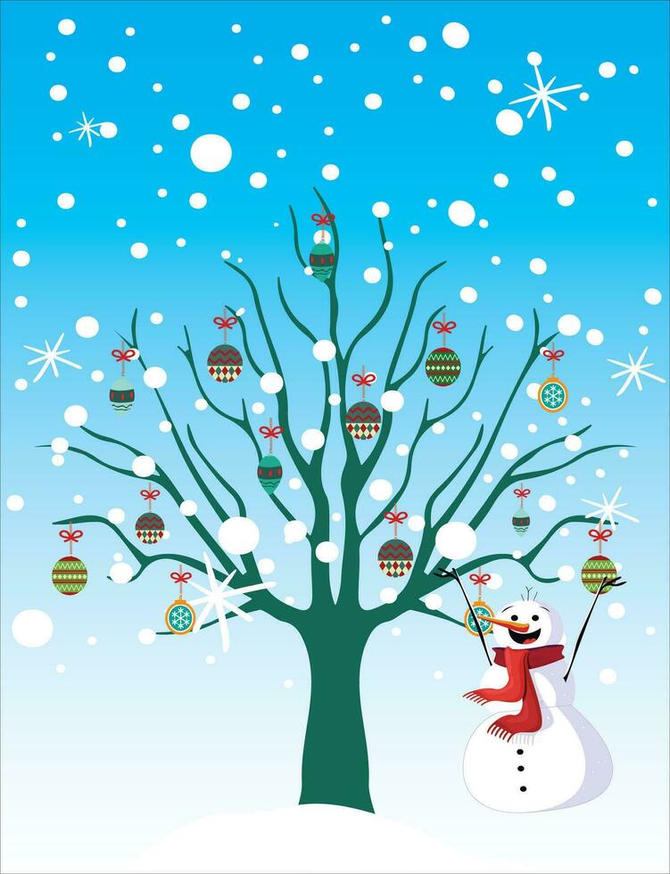 illustrazione di un' decorato Natale albero con un' pupazzo di neve, palle sospeso a partire dal il rami, e neve caduta su un' blu sfondo vettore