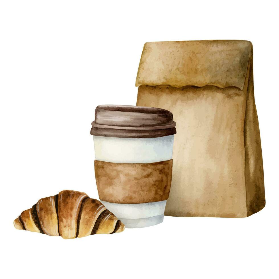 monouso caffè tazza, cioccolato brioche e carta mestiere Borsa acquerello vettore illustrazione per prima colazione e caffè rompere