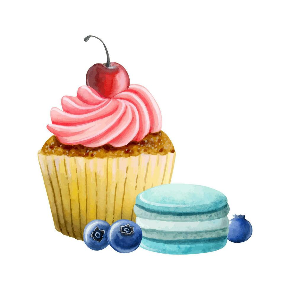 Cupcake con frustato crema e ciliegia, blu alzavola amaretti e mirtilli acquerello vettore illustrazione. delizioso dolce