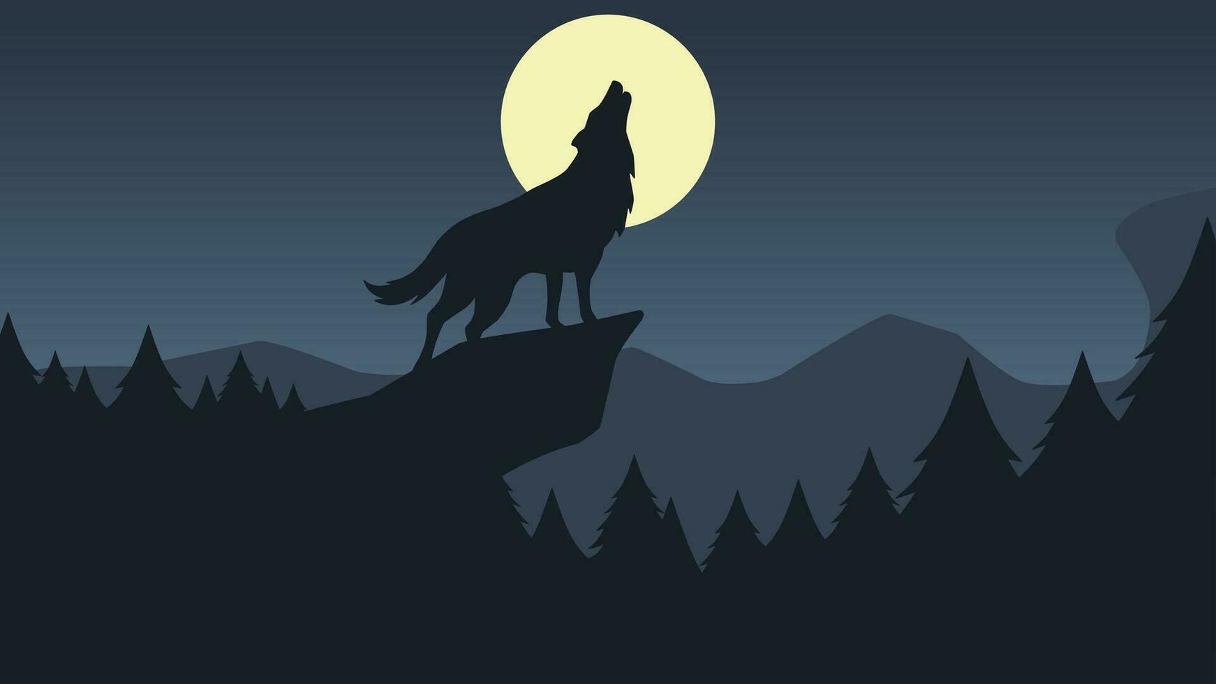 natura lupo nel il notte paesaggio vettore illustrazione. silhouette di lupo ululato a notte pieno Luna. natura paesaggio per sfondo, sfondo o atterraggio pagina