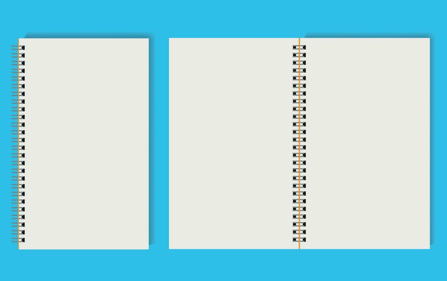 spirale vuoto Aperto taccuino, chiuso bianca Aperto libro su un' colorato blu sfondo. vettore