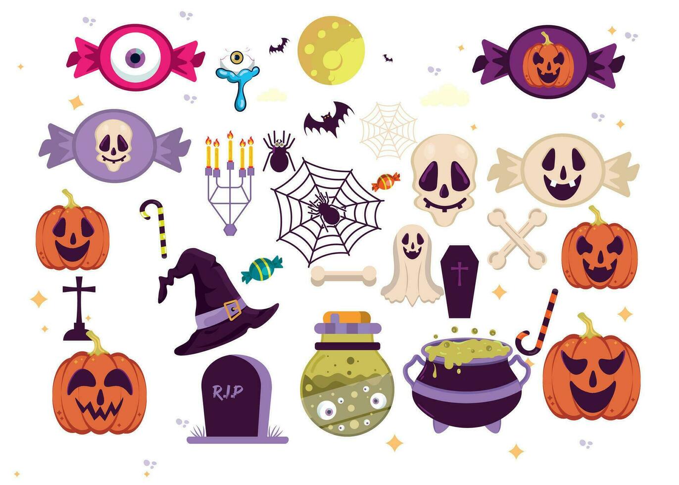 contento Halloween impostato di elementi cappello, fantasma, pipistrello, caramella, divertente zucche, di strega calderone, ragno. Perfetto per scrapbooking, saluto carta, festa invito, manifesto, etichetta, adesivi. mano disegnato vettori