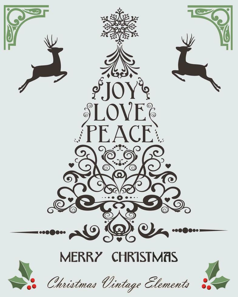 Natale albero con allegro Natale auguri. Natale albero, renna, neve stelle. Natale carta impostato con natura, fiori e impianti. vettore