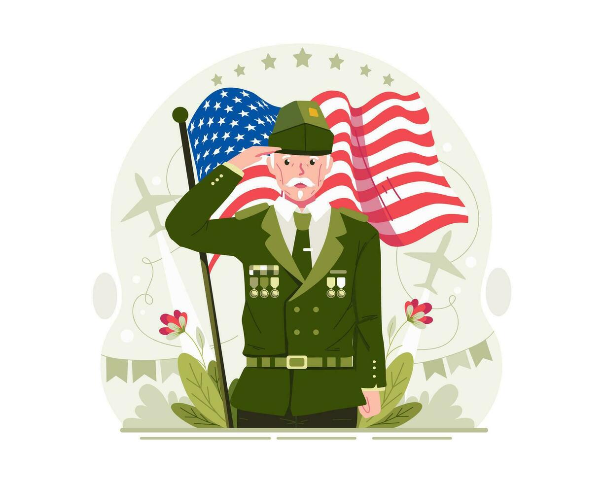 un' maschio anziano veterano salutando su veterani giorno con un' svolazzanti americano bandiera sfondo vettore