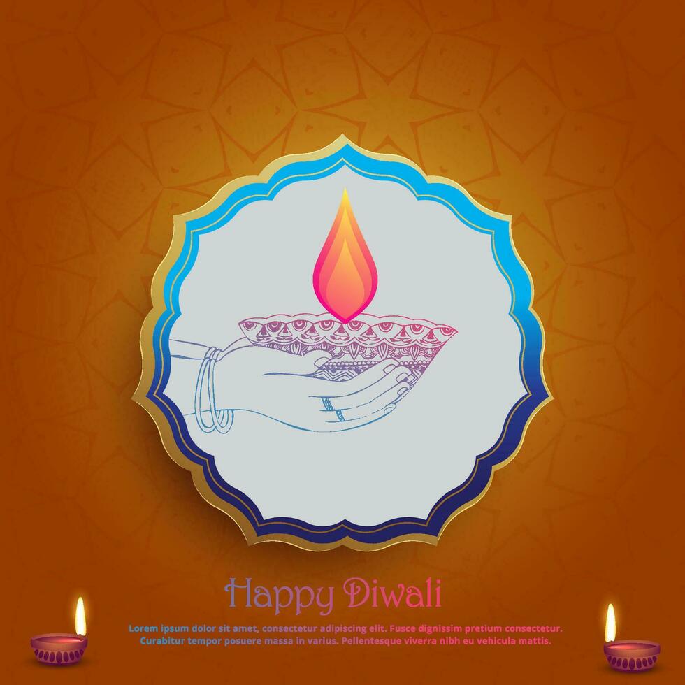 mano Tenere ardente diya. carta saluto Diwali giorno con arancia stelle forma sfondo vettore