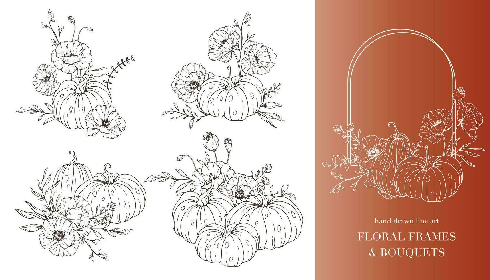 zucche con fiori selvatici linea arte illustrazione, schema zucca preparativi mano disegnato illustrazione. colorazione pagina con zucche. ringraziamento zucche telaio. ringraziamento zucche impostato vettore