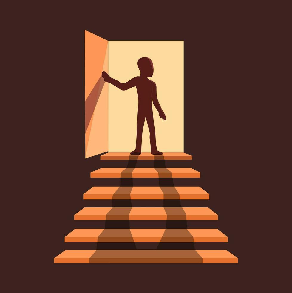 silhouette di persona in piedi a il porta sopra il le scale illustrazione vettore