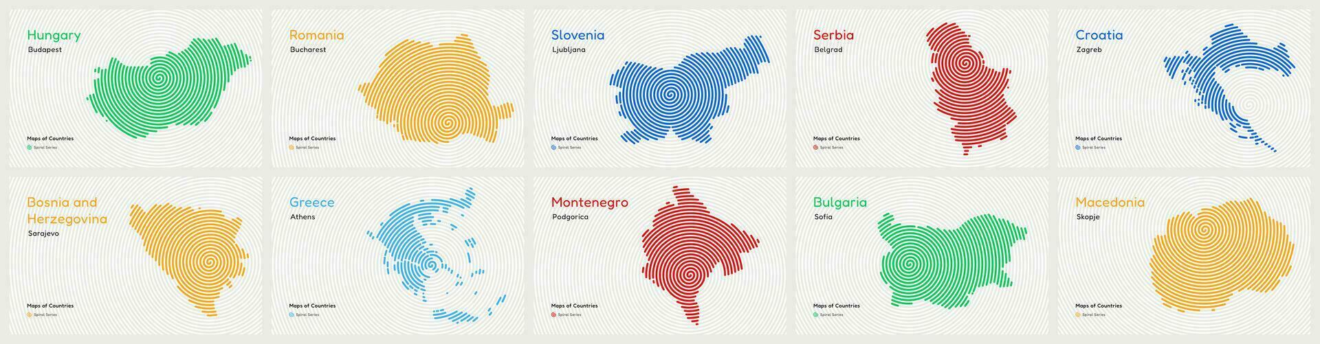 balcanico paesi impostare. Serbia, montenegro, Croazia, Albania, bosnia e erzegovina, Bulgaria, macedonia, Romania, slovenia. spirale impronta digitale mappe serie vettore