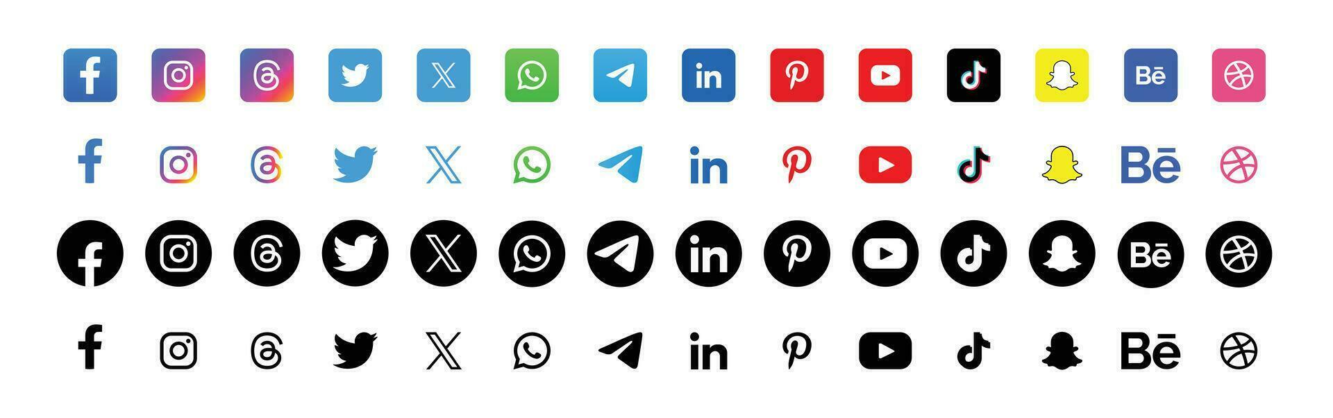 icona impostato di popolare sociale applicazioni con arrotondato angoli Facebook, instagram, cinguettio, WhatsApp, messaggero e altro sociale media loghi piazza impostato nel colore e nero vettore