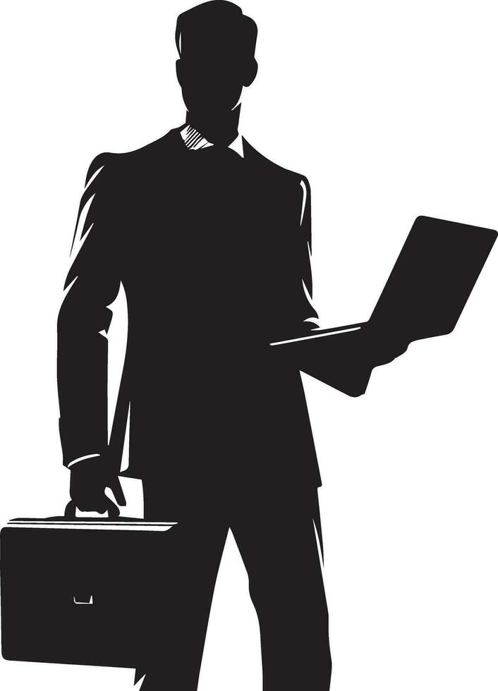 un' attività commerciale uomo In piedi con il computer portatile vettore silhouette