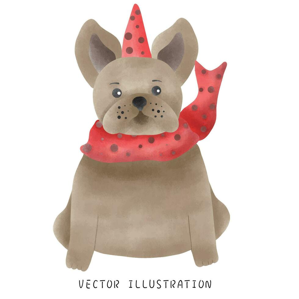 acquerello stile francese bulldog indossare Natale cappello - festivo disegnato a mano illustrazione vettore