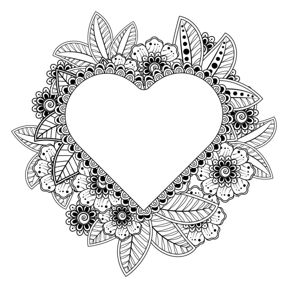 fiore mehndi con cornice a forma di cuore. vettore